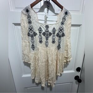 Free People Cream Embroidered Mini Dress Bohemian Gypsy